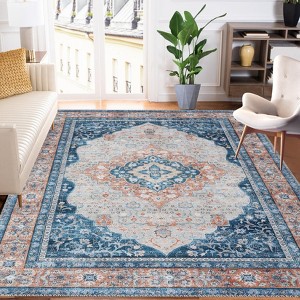 Non-Slip Rug 8x10 Washable Vintage Medallion Chenille Area Rug for Living Room, Ultra-Thin Distressed Oriental Carpet, Blue & Orange - 1 of 4