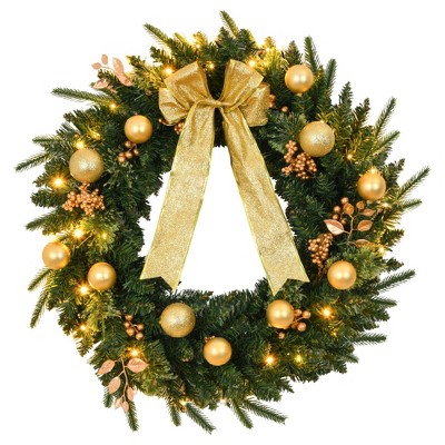 Angel Sar 24in Battery Powered Christmas Wreath with Remote, Pre-lit Artificial Wreath with 50 Warm LEDs & Ornaments, Cordless Door Wall Decor