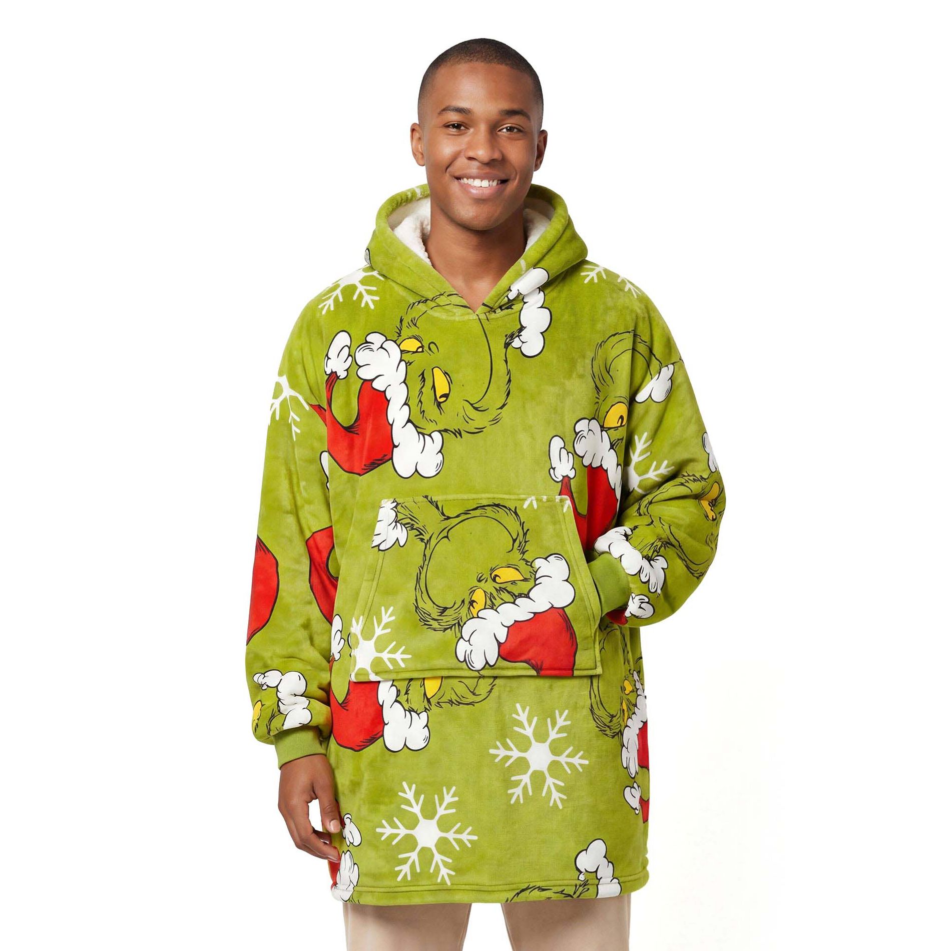 The Grinch Mens Grinch Face Christmas Snowflake Wearable Blanket Hoodie