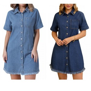 INSPIRE CHIC Women's Denim Button Front Frayed Hem Collared Short Sleeve Jean Shirt Dress 2 Packs - 1 of 4