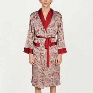 Anna-Kaci Men's Paisley Print Satin Robe with Contrast Trim Shawl Collar and Waist Tie - 1 of 4