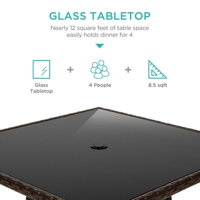 5-Piece Brown Wicker Patio Dining Set with Glass Tabletop and Cream Cushions