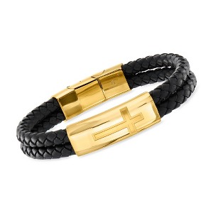 Ross-Simons Men's Yellow Stainless Steel Cross Bracelet With Black Leather Size 8 - 1 of 3