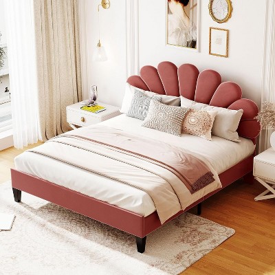 Queen Size Velvet Upholstered Platform Bed Frame with Flower Headboard, Sturdy Wood Slat Support, No Box Spring Needed  Bean Paste Red