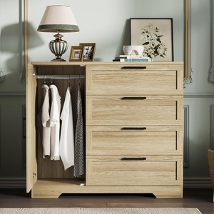 Wood Armoire Wardrobe Closet with 4 Drawers and Door, 43.3" H Bedroom Wardrobe Cabinet with Hanging Rod, Clothing Storage Cabinets, Natural Oak - 1 of 4