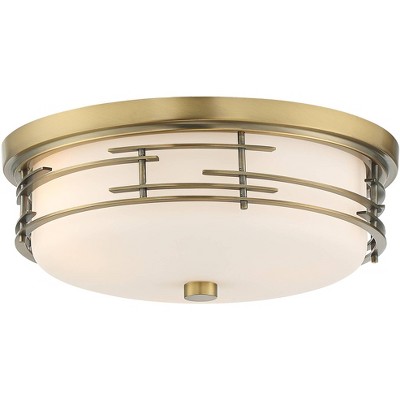 Franklin Iron Works Modern Ceiling Light Flush Mount Fixture Soft Gold 14" Wide White Glass Drum for Bedroom Kitchen Living Room