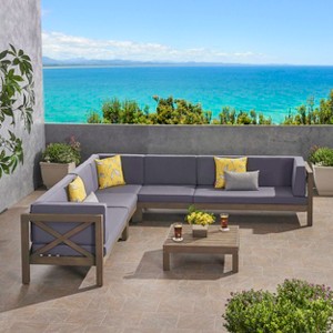 Christopher Knight Home Julie 6 Piece V-Shape Outdoor Acacia Wood Sectional Set with Coffee Table and Cushions - 1 of 4