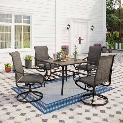 Captiva Designs 5pc Patio Wood-look Square Dining Table with Umbrella Hole & Textilene Swivel Chairs