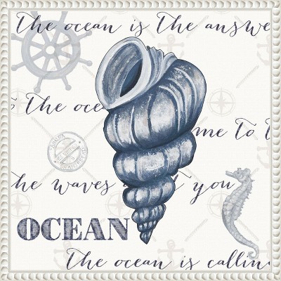 Indigo Ocean Treasures I Coastal Canvas Wall Art with White Beaded Frame