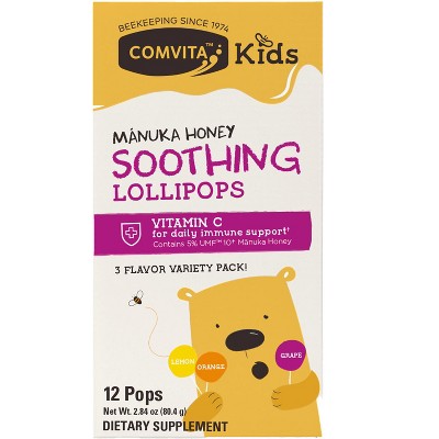 Comvita Kids, Manuka Honey Soothing Lollipops, Ages 3 and Up, Lemon, Orange, Grape, 12 Pops, 2.84 oz (80.4 g)