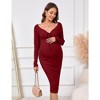 Maternity Ribbed Knit Dress V Neck Adjustable Drawstring Halter Tie Long Sleeve Side Slit Midi Dress For Baby Shower - 4 of 4