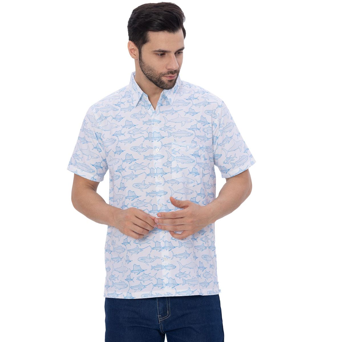HAPPY BAY Mens Short Sleeve Button Down Casual Beach Shirt XXL Saltwater Fish Blue White