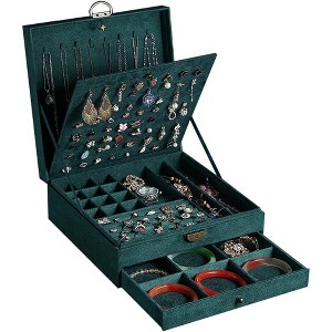 Lockable 3-Layer Jewelry Box for Women, Large Capacity Organizer Case for Earrings, Necklaces, Rings Bracelets, Green - 1 of 4