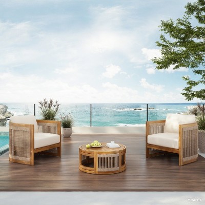 Moda Furnishings 3 - Piece Acacia Wood Patio Outdoor Conversation Set With Cream Cushions