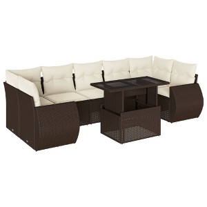 vidaXL Patio Sofa Set with Cushions Outdoor Furniture 8 Piece Poly Rattan - Brown and Cream without Storage - 1 of 4