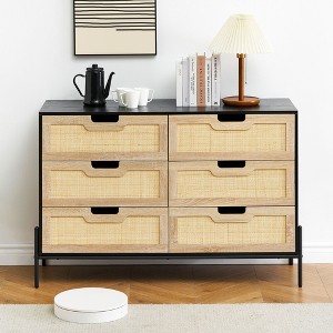 6 Drawer Dresser Farmhouse Wooden Rattan Storage Cabinet with Legs for Bedroom Living Room Hallway - 1 of 4