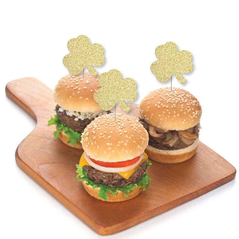 Big Dot of Happiness Gold Glitter Shamrock - No-Mess Real Gold Glitter Dessert Cupcake Toppers - St. Patrick's Day Party Clear Treat Picks - Set of 24, 3 of 9