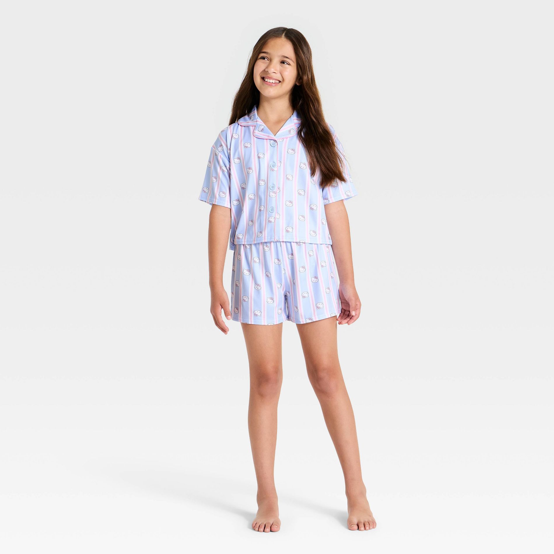 Girls' 2pc Hello Kitty Button-Down Striped Pajama Set - Blue