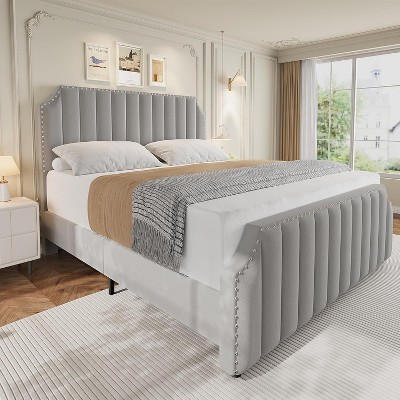 Velvet Upholstered Platform Bed Frame with 50.2" Headboard, Vertical Channel Tufted Design, Nailhead Trim and Footboard, No Box Spring Required.