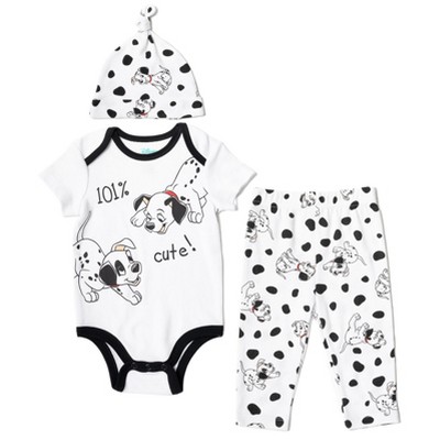 Image of Disney 101 Dalmations Patch Newborn Baby Boys 3 Piece Outfit Set: Cuddly Bodysuit Pants Hat White Newborn