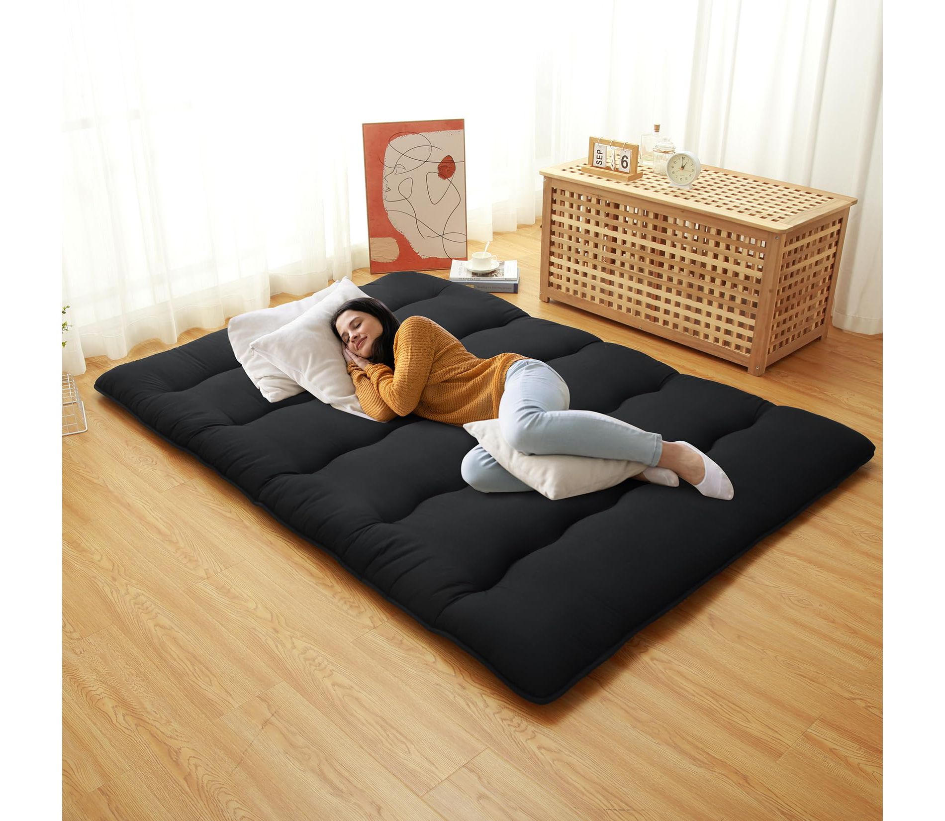 Full Size Japanese Futon Mattress - Foldable Floor Sleeping Pad, Tatami Mat for Adults, Perfect for Camping, Wave  Design