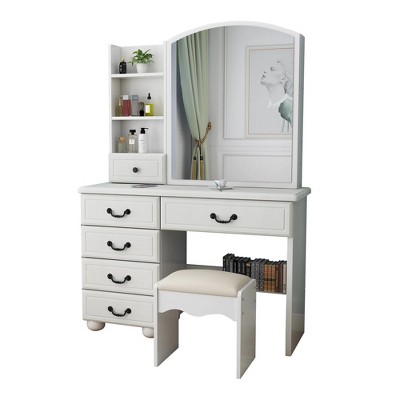 Fashion Vanity Desk with Mirror and Lights for Makeup, Vanity Mirror with Lights and Table Set with 3 Color Lighting Brightness Adjustable