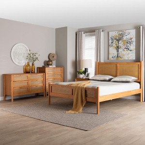 Baxton Studio Jenn Golden Brown Wood Japandi 4-Piece Queen Size Bedroom Set with Distressed-Finished Rattan - 1 of 4