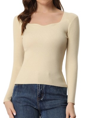 Allegra K Women's Sweetheart Neck Casual Long Sleeve Slim Fit Pullover Sweater