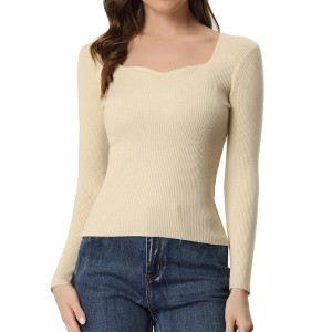 Allegra K Women's Sweetheart Neck Casual Long Sleeve Slim Fit Pullover Sweater - 1 of 4