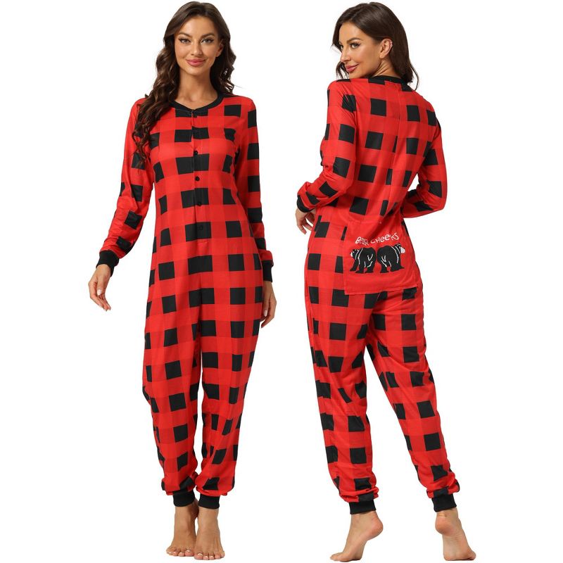cheibear Christmas Jumpsuits Holiday Long Sleeve Loungewear Plaid Family Pajama Sets Red Plaid, 2 of 6