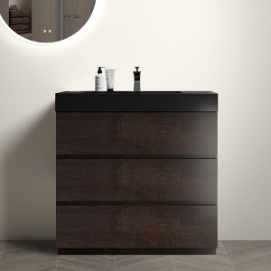 FAMYYT 36 in. Single Sink Freestanding Walnut Bath Vanity with Black Ceramic Top, U Shape Drawer, Assembled - 1 of 4