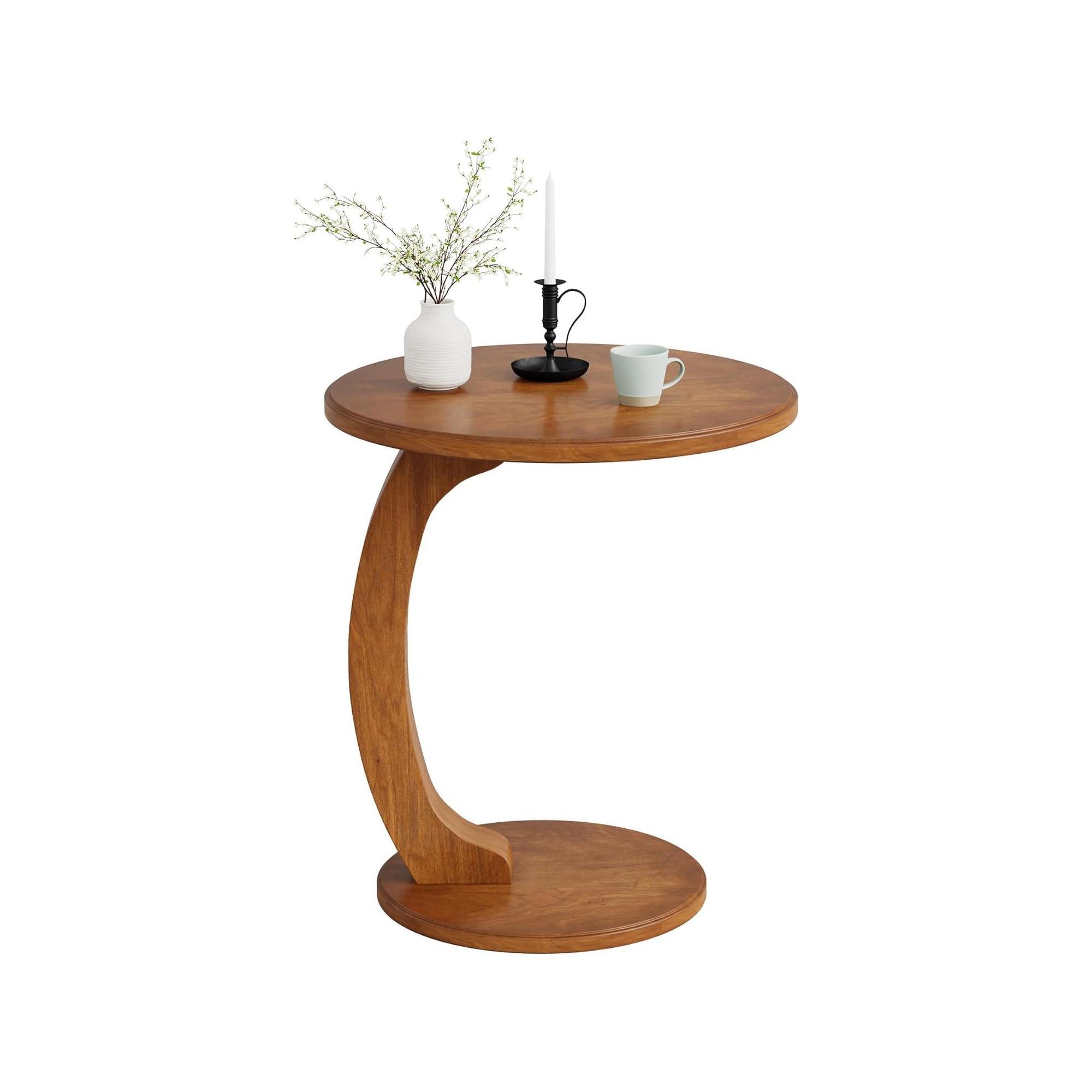 Lantine Round Side Table, Wooden C-Shaped End Table, Mid-Century Couch Side Table, Small Boho Side Table for Living Room, Bedroom
