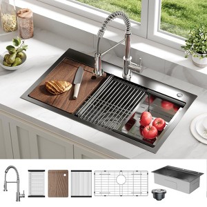 30" x 18" x 9" Built-in Kitchen Sink Stainless Steel Single Bowl Sink (with Accessories) and Pull-Down Faucet Modern Countertop Work Sink - 1 of 4