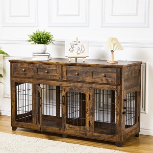 COZONY 58" Wooden Dog Crate Furniture for 2 Dogs, End Table with Drawers & 5 Doors, Dog House with Openable Divider for Small/Medium/Large Dogs - 1 of 4