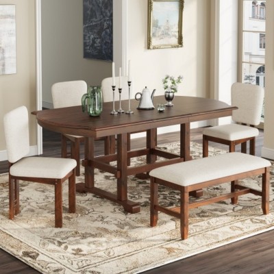6-Piece Extendable Dining Table Set with Solid Wood Frame, Farmhouse Kitchen Dining Set with 1 Bench and 4 Upholstered Chairs–The Pop Home