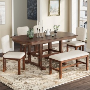 6-Piece Extendable Dining Table Set with Solid Wood Frame, Farmhouse Kitchen Dining Set with 1 Bench and 4 Upholstered Chairs–The Pop Home - 1 of 4