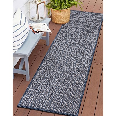 Blue Geometric Flat Woven Synthetic Runner Rug 2'x7'