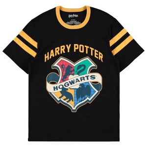 Ladies Harry Potter Hogwarts Shirt - Gryffindor Hufflepuff Ravenclaw Slytherin Wizardry Varsity Stripe Sleeve Athletic Tee - 1 of 4