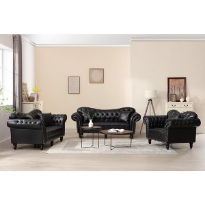 3 Pieces Chair Sofa Loveseat Living Room Set Faux Leather Tufted Chesterfield Couch with Pillows - Morden Fort - 1 of 4