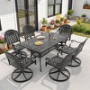 7-Piece Rectangle Cast Aluminum Outdoor Patio Dining Set with Swivel Chairs & Brown Cushions & Umbrella Hole - 4 of 4
