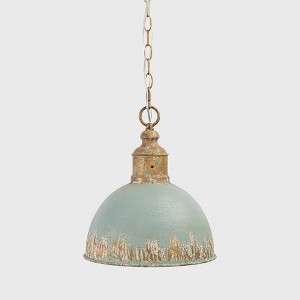 Vintage Distressed Blue Pendant Light Fixture with Gold Accents, 11.62" Diameter, Adjustable Chain Design - 1 of 4