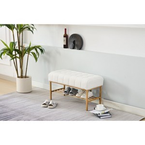 Kumasinova 32" Soft Teddy Fabric Shoe Bench with Shelf,Modern End of Bed Ottoman Bench Entryway Bench with Storage&Metal Legs,300lbs Max - 1 of 4