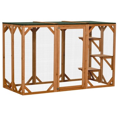 Gsluuk PawHut Outdoor Cat House, Catio Wooden Feral Cat Shelter, Cat Cage with Platforms, Large Enter Door