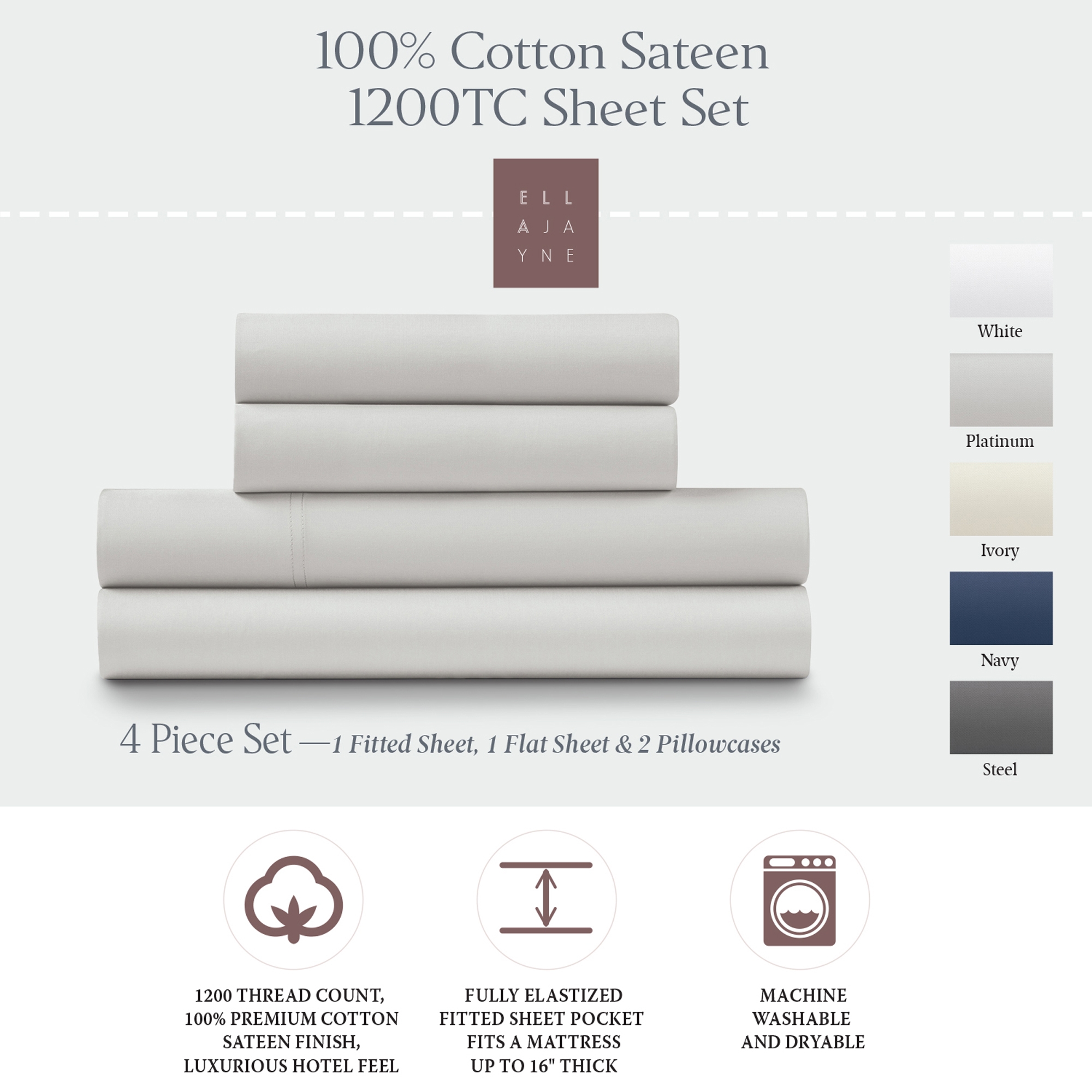 Ella Jayne 1200 Thread Count 100% Cotton Sateen Deep Pocket 4-piece Sheet Set - King/California King, Platinum, 4 pc
