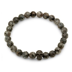 Steeltime Men's black lava beaded bracelet with black ip stainless steel skull - 1 of 4
