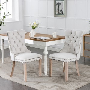 Nikki Collection Modern, High-end Tufted Solid Wood Contemporary Flax Upholstered Dining Chair with Wood Legs Nailhead Trim 2-Pcs Set,beige - 1 of 4