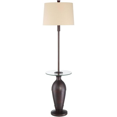 Regency Hill Industrial Floor Lamp with Table USB and AC Power Outlet in Base Bronze Hammered Oatmeal Shade Living Room Bedroom