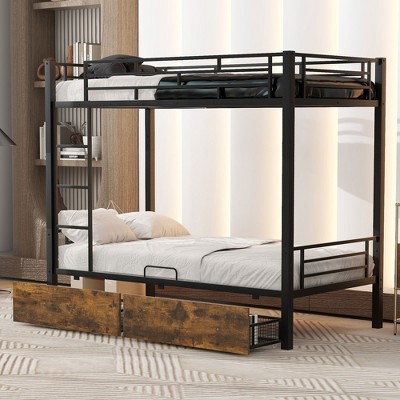Twin Over Twin Bunk Bed, Convertible Twin Metal Bunk Beds With 2 Storage Drawers And Guardrail For Kids Teens