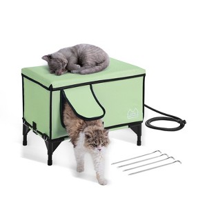 VEVOR Elevated Heated Cat House, Cuboid Kitty Shelter with Adjustable Temperature and Timer, 900D Oxford Cloth Foldable Cat Shelter, Green (Large) - 1 of 4