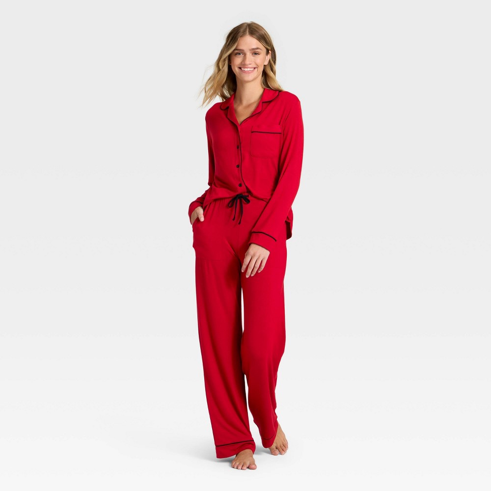 Women's Cloud Knit Modal Long Sleeve Notch Collar Top and Pants Pajama Set - Auden™ Red XS